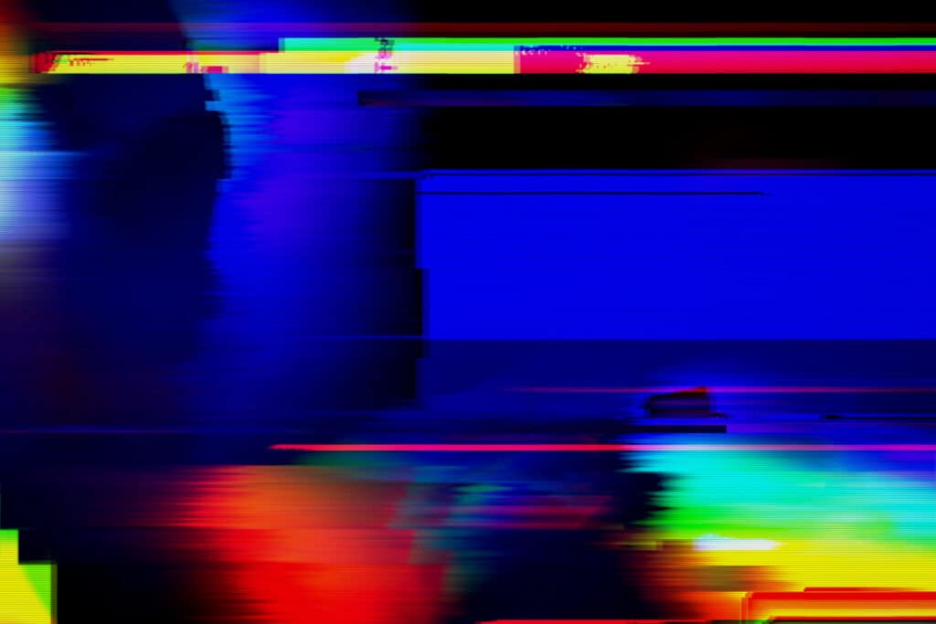 Abstract blue, red and green background with interlaced digital Distorted Motion glitch effect. Futuristic cyberpunk design. Retro futurism, webpunk, rave 80s 90s aesthetic techno neon colors