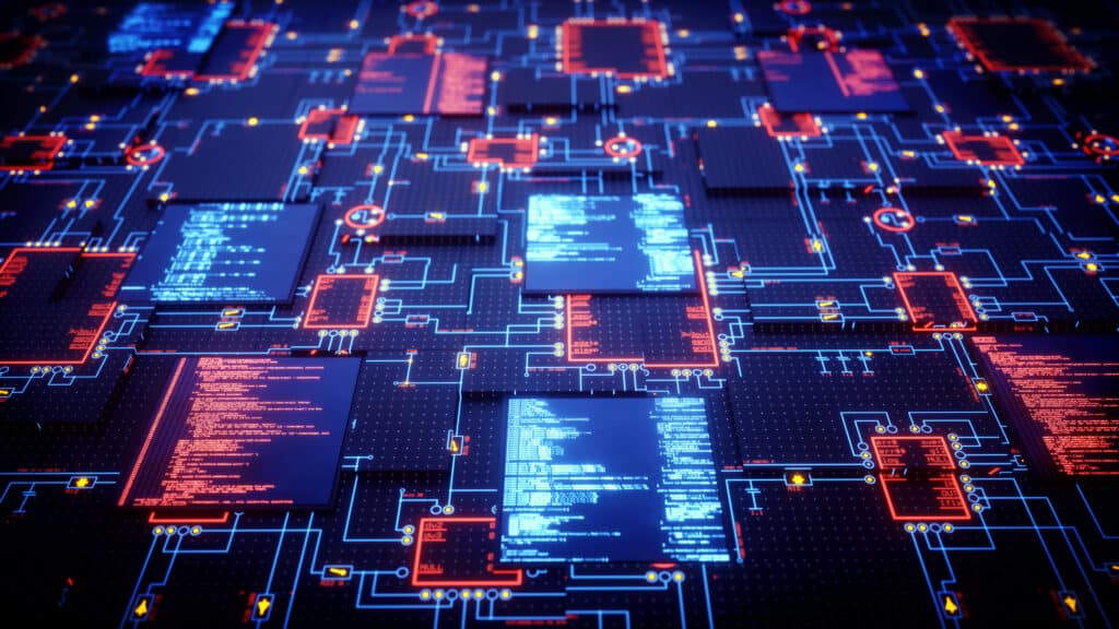 A futuristic design of an integrated circuit with displays showing source code. The image represents an abstract design in the domain of computing, security, engineering, electronics or similar advanced technology. This image is a made up 3D concept render.